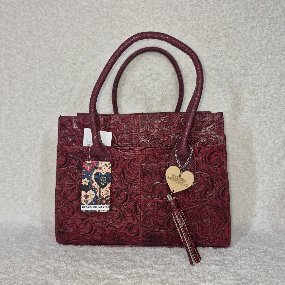 Handcrafted Mexican Burgundy Red Floral Embossed Leather Tote